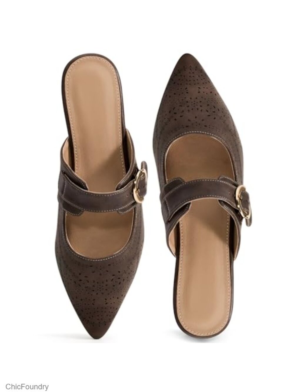 Women's Pointed Toe Flat Mules Adjustable Buckle Slip On Faux Leather